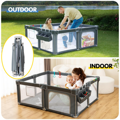 CAPAKIDS Foldable Baby Playpen 59"×71" with Mat, Out-of-The-Box Ready Playpen for Babies and Toddlers, Portable Play Yard with Breathable Mesh & Gates, Storage Bag & 4 Handlers for Indoor & Outdoor