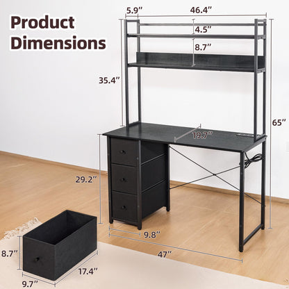 Aquzee Computer Desk with Drawers, 47 inch Desk Hutch, Gaming Desk with Storage Shelves, Power Outlets & Bookshelves, Study Writing Desks for Bedroom Living Room Home Office, Black