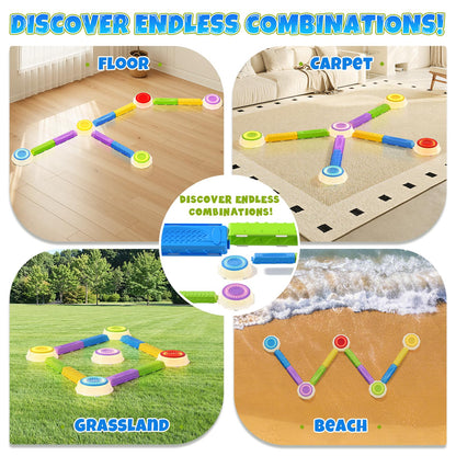 Wee Wonders Light Up Stepping Stones & Balance Beam for Kids, Step Stones with Piano Music, Game Spinner & 30 Cards, Non-Slip Sensory Obstacle Course Toys, Indoor Outdoor Gifts for Toddlers 3-5