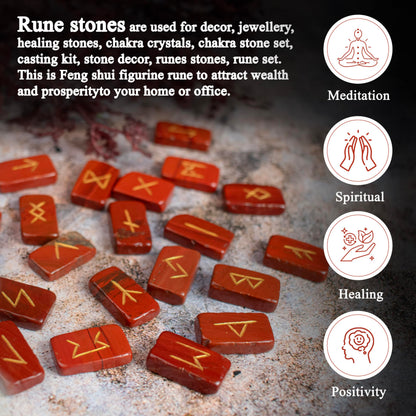 Crocon Red Jasper Rectangle Shape Gemstone Runes with Elder Futhark Alphabet Engraved 25 pcs Rune Set Crystal Divination Metaphysical Healing Balancing Chakra Reiki Runes with a Pouch| Size : 20-25mm