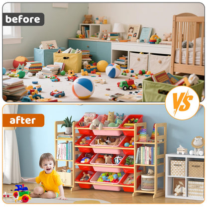 Ratulie Large Toy Storage Organizer Kids Toy Organizer and Bookshelf Combo with 12 Bins and 6 Shelves Toy Organization Box Toy Shelf for Playroom, Bedroom, Nursery