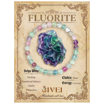 Bivei 6mm Fluorite Crystal Stretch Bracelets for Women, Handmade Natural Stone Beaded Bracelet, Yoga Protection Jewelry Gift