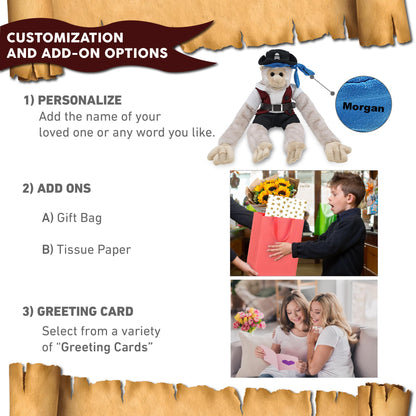 DolliBu Hanging White Squirrel Monkey Stuffed Animal with Pirate Dress Up and Name Personalization - Sea Adventure Plush Toy with Cute Pirate Costume - Hat, Shirt, Pants, Eye Patch, Belt - 21 Inches