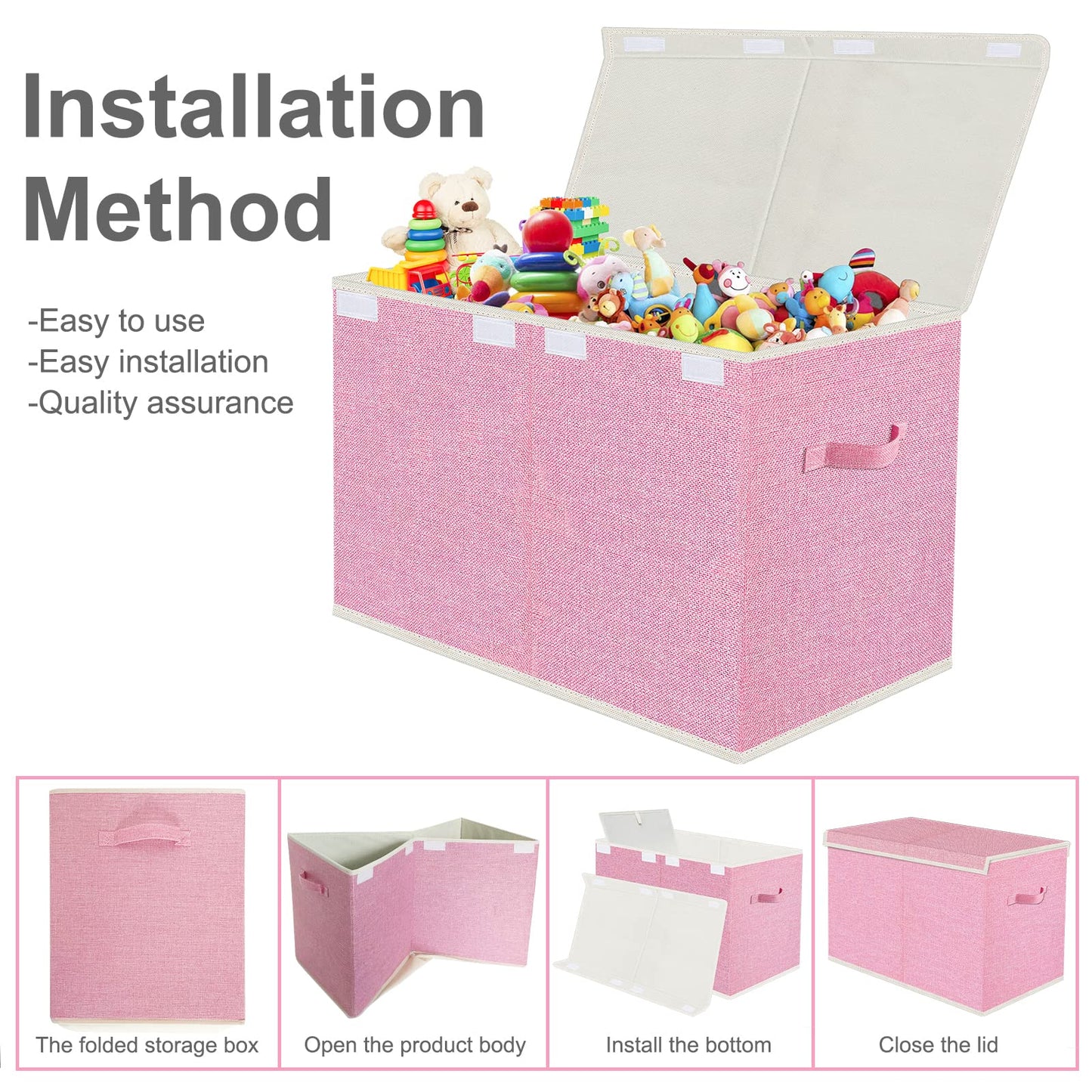 VERONLY Large Collapsible Toy Storage Box with Lid & Handles - Kids Organizer Chest for Toys, Clothes, Blankets (Pink, Nursery, Playroom, Bedroom)-24.5''×13''×16''