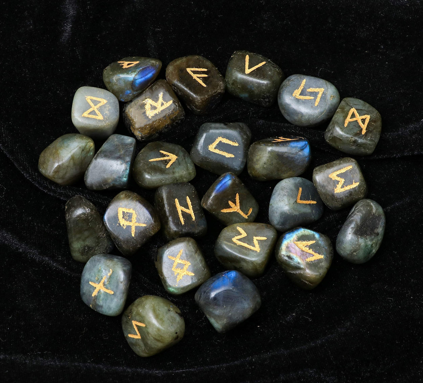 Crocon Labradorite Rune Stones Set Engraved with Elder futhark Crystal Runes Set, Reiki Healing runas for Meditation Chakra Balancing, Rune Stone for Beginners with Crystal Guide & Pouch (15-20 mm)