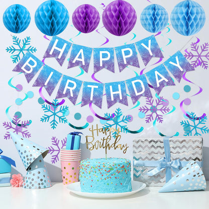 meowtastic Frozen Birthday Party Decorations - Happy Birthday Banner with Honeycomb Balls, Snowflake Hanging Swirls Streamers, Circle Dots Garland Decorations - Party Decor for Boys Girls (Frozen)