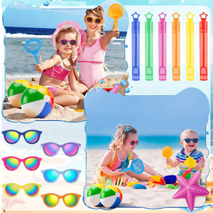 Honeydak 6 Set Pool Party Favors for Kids End of Year Gift Summer Mesh Drawstring Bag Beach Towels Ball Shovels Toys Bulk for Pool Beach Games Birthday Party Supplies Summer Graduation Student Gifts