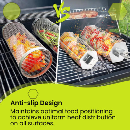 Grill Baskets 2PCS 304 Stainless Steel with Removable Wooden Handle Hexagon Design for BBQ Camping & Outdoor Cooking Accessories, Great Gift for Grill Lovers