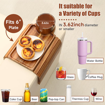 SINWANT Couch Cup Holder Tray,Acacia Wood Sofa Arm Clip on Tray Table with 360° Rotation Cup Holder,Foldable Anti-Slip Couch Armrest Table for Coffee Mug,Water Bottles,Snacks,Remote on Large Armrest