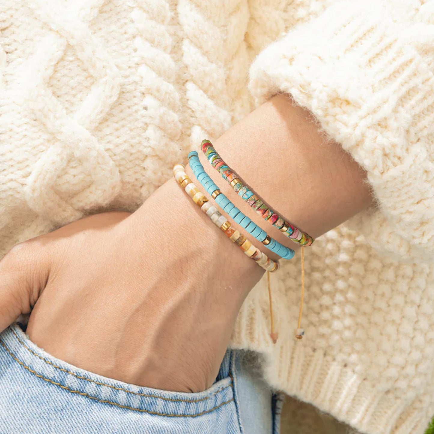 Plumiss Inspirational Gifts Bracelets for Women, Boho Handmade Agalmatolite Stone Beaded Bracelets, Life is Tough But So are You Bracelet
