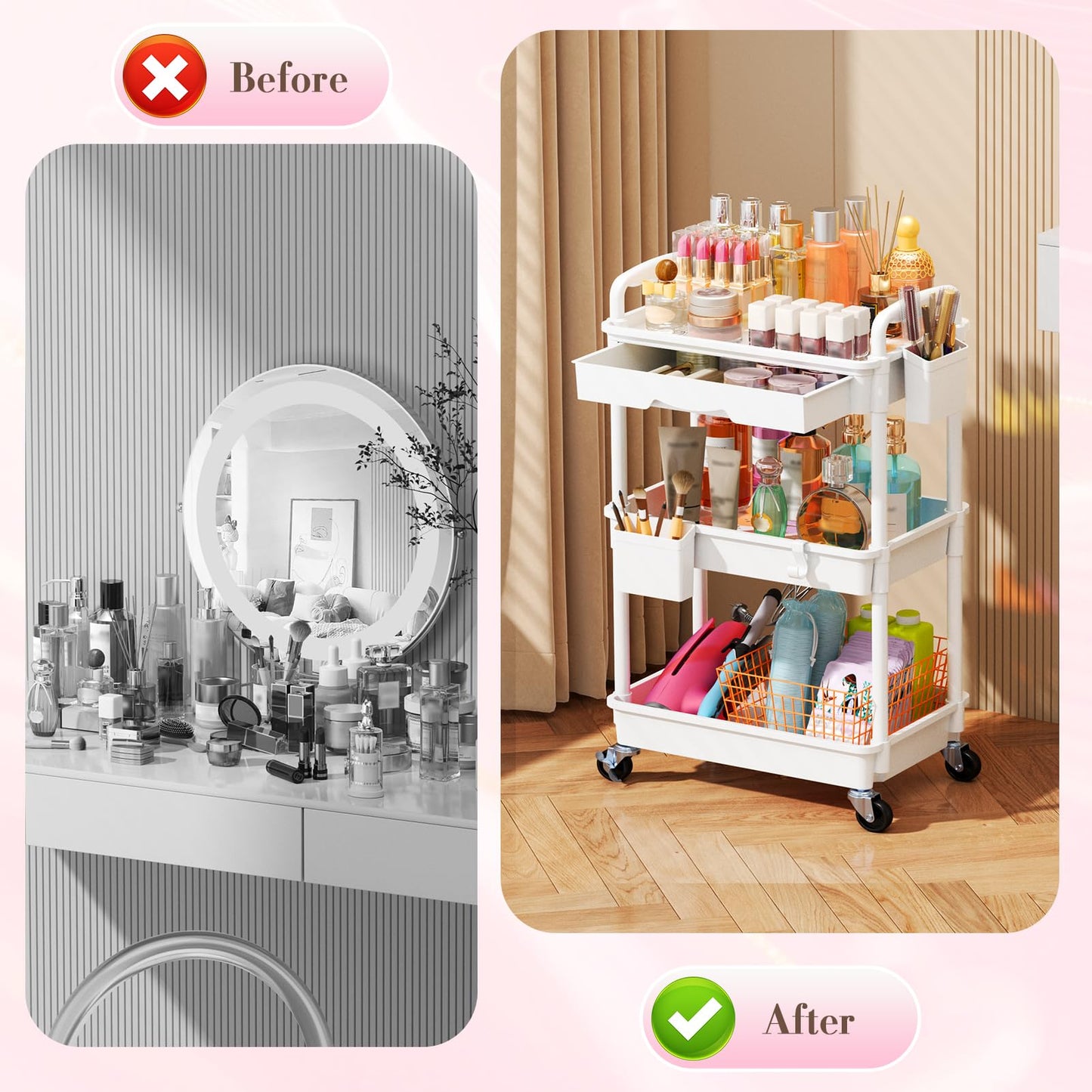 SUNALLY Makeup Cart Organizer with Drawers, Floor Skincare Organizers Vanity Storage Organizer, Rolling Makeup Bathroom Storage Cart Cosmetics Display Cases for Skin Care Perfume Nail Polish, White