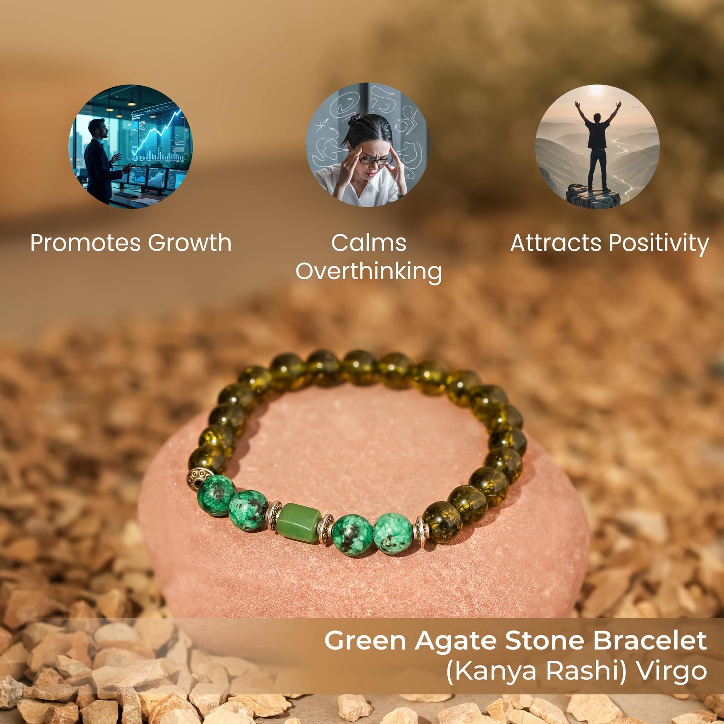 Divine Hindu Green Agate Stone Bracelet for Kanya Rashi (Virgo) | Certified Crystal Healing Bracelet for Reiki, Chakra Balancing, Astrology, Meditation, Men & Women.