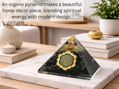 Large Orgone Pyramid | Black Tourmaline Pyramid Crystal | Lotus Flower of Life Orgonite Pyramid | Organ Pyramids Positive Energy Healing