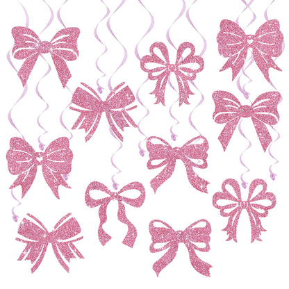 BEISHIDA Pink Bow Party Hanging Swirls Decorations, 18PCS Glitter Bow Party Decorations for Birthday Wedding Baby Shower Bachelorette Supplies