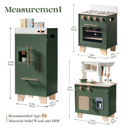 ROBOTIME Play Kitchen with Toy Fridge, Toy Oven, Wooden Kids Kitchen Play Set, Toy Kitchen Set for Kids Age 3 4 5 6 7 (Vintage Green)