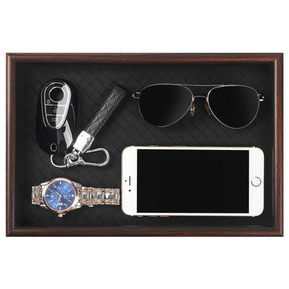 Zosenley Wooden Valet Tray with Leather Base - Nightstand Catchall Organizer for Cologne, Perfume, Keys, Wallet, Phone, Watch, Jewelry & Sunglasses (Black)
