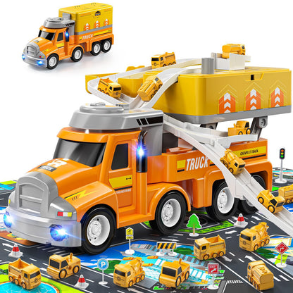 Doloowee Construction Truck Toy Set with 8 Vehicles, Car Carrier with Movable Station, Educational Vehicle Toys for Kids 3-8 Years, Orange