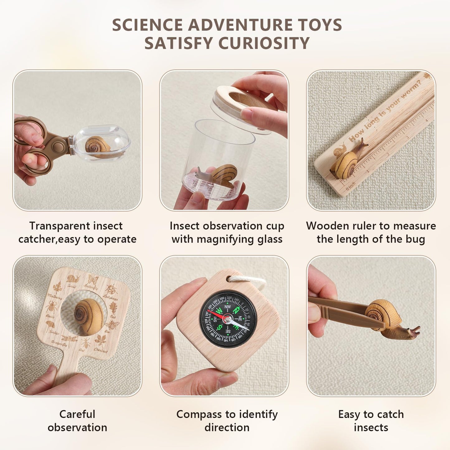 Montessori Wooden Bug Catcher Kit for Kids - 8-in-1 Outdoor Explorer Set with Habitat, Net & Magnifying Glass STEM Learning Toys for Ages 3-8 Nature Gift for Boys & Girls