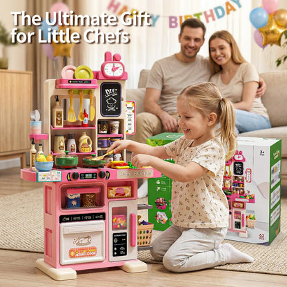 33.8IN - 70PCS Kids Kitchen Playset with Sound & Light - Cooking Stove with Steam, Play Sink and Toy Kitchen Accessories - Pretend Kitchen Play Food Toys for Kids Boys Girls - Toddler Play Kitchen Set