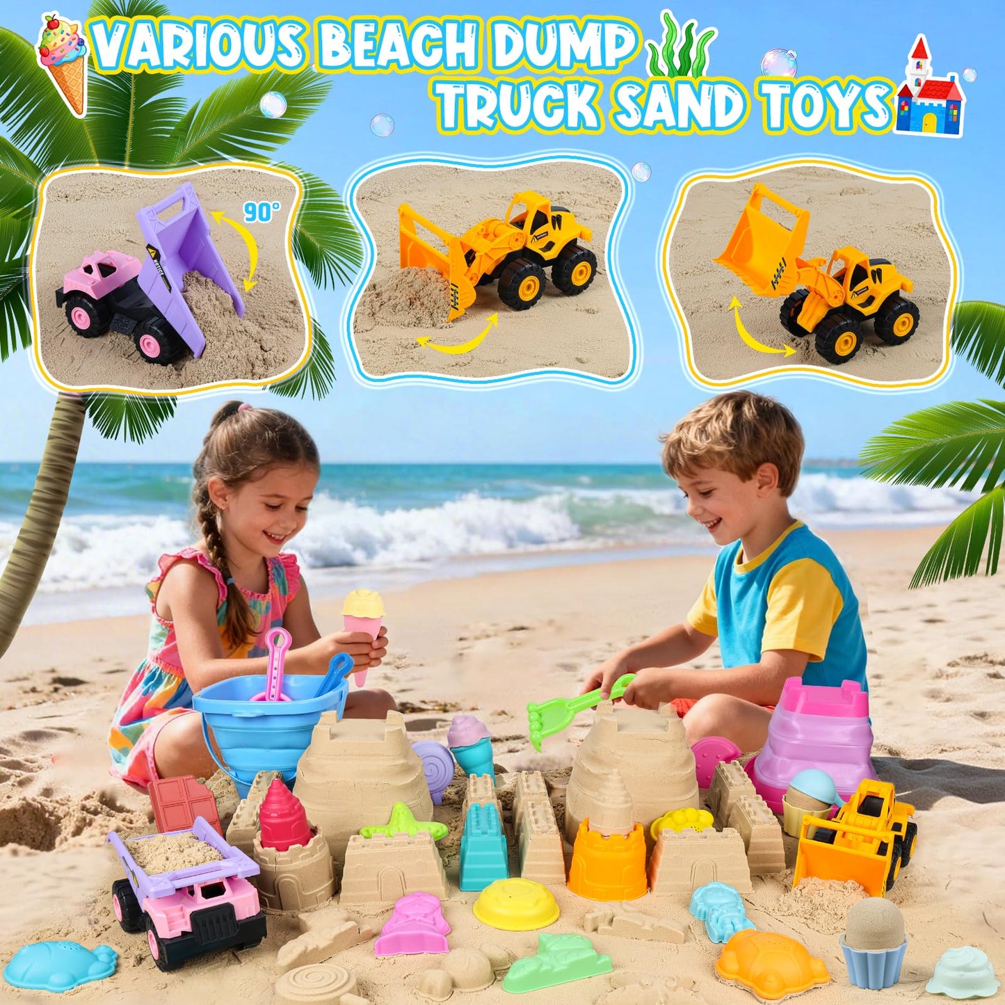 EULRGAUS Beach Toys, 36 PCS Sand Toys with Construction Vehicles, Collapsible Bucket, Princess & Prince and Ice Cream Toys, Sand Castle Building Kit, Beach Shovel, Beach Games for Kids, Boys and Girls