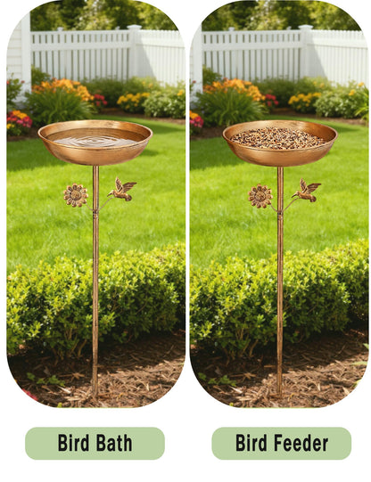 Freestanding Bird Bath with Metal Stake - 11” Antique Bronze Metal Birdbath Bowl & Feeder for Outdoor Garden Yard Decor
