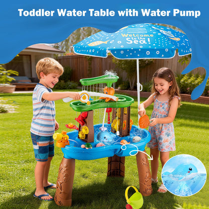 ZACEAC Water Table for Toddlers 3-5 with Umbrella Outdoor Toys for Kids Ages 4-8 Kids Sand Water Table with Fishing Game Set Activity Sensory Table with Water Pump Summer Gift for Kids