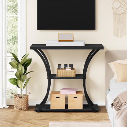 Hoctieon 3 Tier Console Table with Open Wood Shelves, Decorative Entryway Table with Curved Metal Frames, Narrow Sofa Table for Entrance, Living Room, Hallway, Black