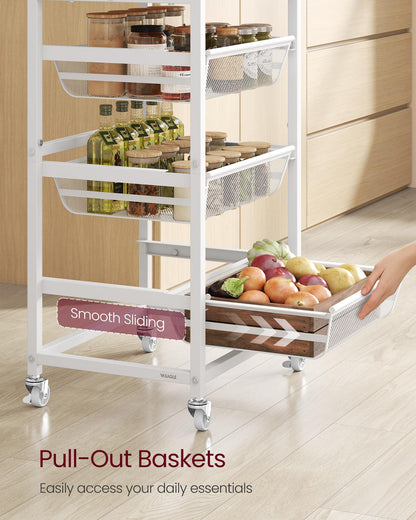 VASAGLE Storage Rolling Cart with Pull-Out Baskets, 5-Tier Utility Cart Orgnizer with Wheels for Laundry Room, Kitchen, Handle, 12.5 x 15.8 x 37.4 Inches, Golden Oak and Matte White ULRC041YA01