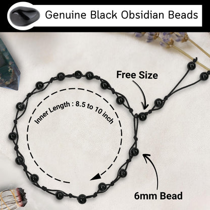 Amazing Gemstone Black Obsidian Anklet Ankle Bracelets for Women - Waterproof Beaded Healing Crystal Anklets, Plus Size Chakra Gemstone Bead Anklet (Stretchy Adjustable - Hand Knotted)