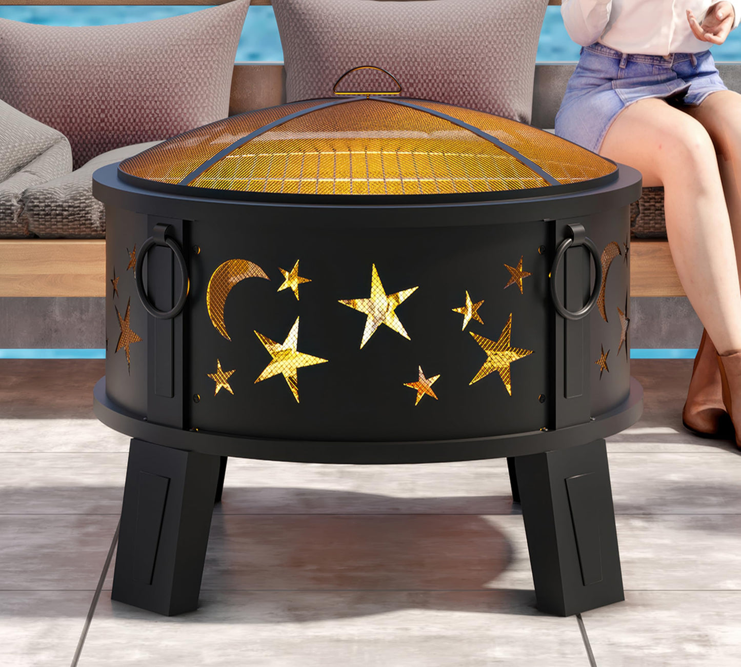 Kingson 26" Outdoor Fire Pit with Grill & Mesh Cover, Wood Burning Steel Firepit with Poker & Star Spark Screen, Heavy Duty Patio Fire Bowl for Backyard, Camping & Garden