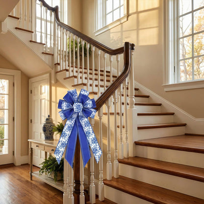 Kutyndrix Blue Chinoiserie Wreath Bow, 21 Inch Large Spring Floral Wired Ribbon for Front Door, Grandmillennial Wedding Lantern Decor