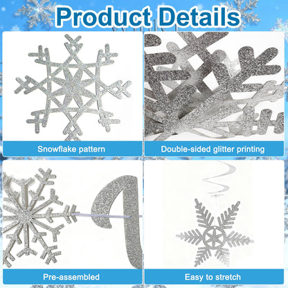Winter Wonderland Banner,Snowflake Theme Party Decorations Include Pre-Strung Glittery Winter Wonderland Banner and 8 Pcs Snowflake Hanging Swirls,Christmas Birthday Party Supplies