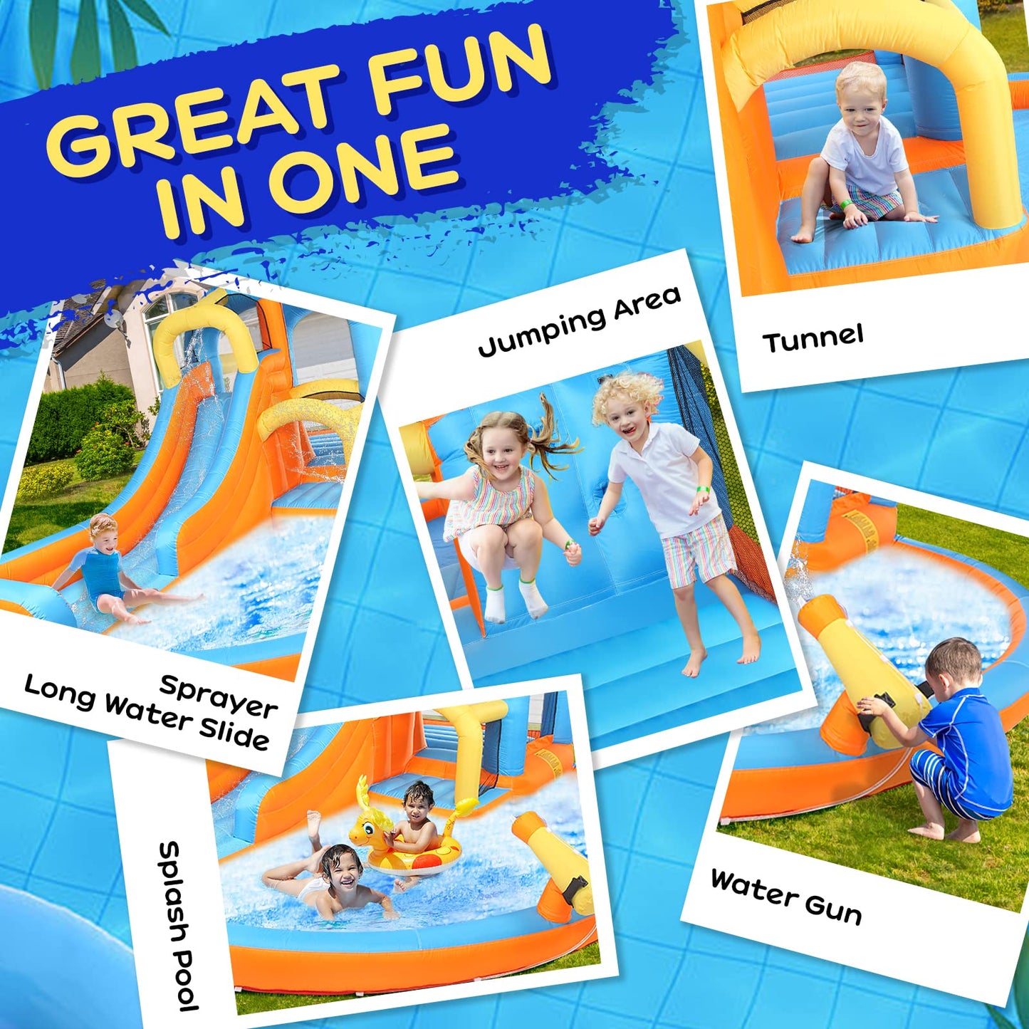 JOYMOR 5-in-1 Inflatable Water Slide Park, Water Bounce House w/Air Blower, Climbing Wall, Double Jump Area, Splash Pool, Water Cannon, Wet or Dry Combo Castle Outdoor Backyard Playhouse for Kids