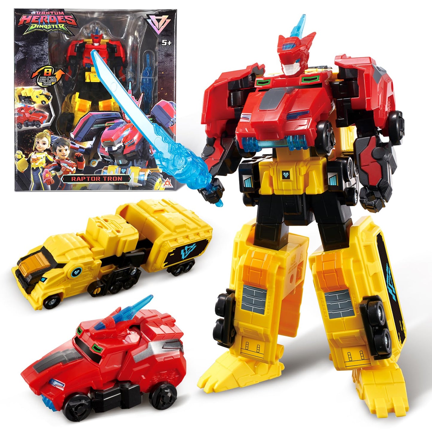 QUANTUM HEROES DINOSTER Transforming Toys, 2-in-1 Transforming Robot Raptor Tron, 7.48-inch Action Figure Children's Robot Toy, Cool Transforming Toys for Boys and Girls Age 5+, Red and Yellow