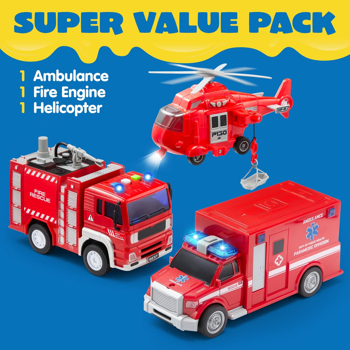 JOYIN Toddler Fire Truck Toys for 3 4 5 6 7 Year Old Boys - Fire Engine, Emergency Vehicle, Kids Firetruck, Friction Powered Car with Lights and Sounds, Birthday Gifts for Boys Girls Age 3-9
