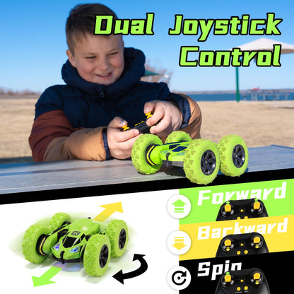Threeking Remote Control Car RC Flip Stunt Double Sided Driving Cars Toys for Boys Girls Ages 6-12, 4WD 360° Flips with Breathing Soft Lights, Presents Gifts, Green