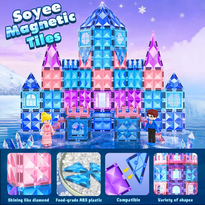 Magnetic Tiles 102pcs with 2 Stairs 2 Dolls Princess Castle Building Girls Toys Age 4-5 6-8 Magnetic Blocks Birthday Xmas Gifts for Girls Toys for 3 4 5 6 7 8+ Year Old
