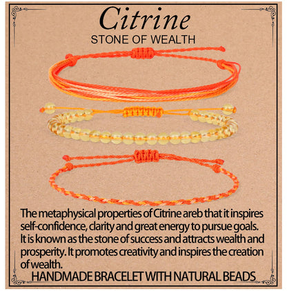 QOGIR Handmade Healing Bracelets,4mm Natural Citrine Gem Stone Beads Bracelet for Men Women Gifts with 2PCS Size Adjustable Rope Bracelets