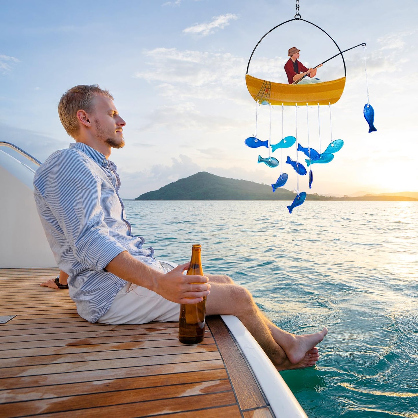 X-PREK 21" Fish Wind Chimes for Outside, Blue Sea Glass Wind Chimes Garden Decor, Windchimes Outdoors Suncatcher Gift for Women, Mom, Grandma, Unisex