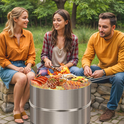 HGD 19.5 Inch Smokeless Firepit with Grill, Portable Wood Burning Fire Pit for Camping & Backyard, Stainless Steel Outdoor Fireplace with Travel Bag, Easy Setup & Compact Storage - Foldable Design