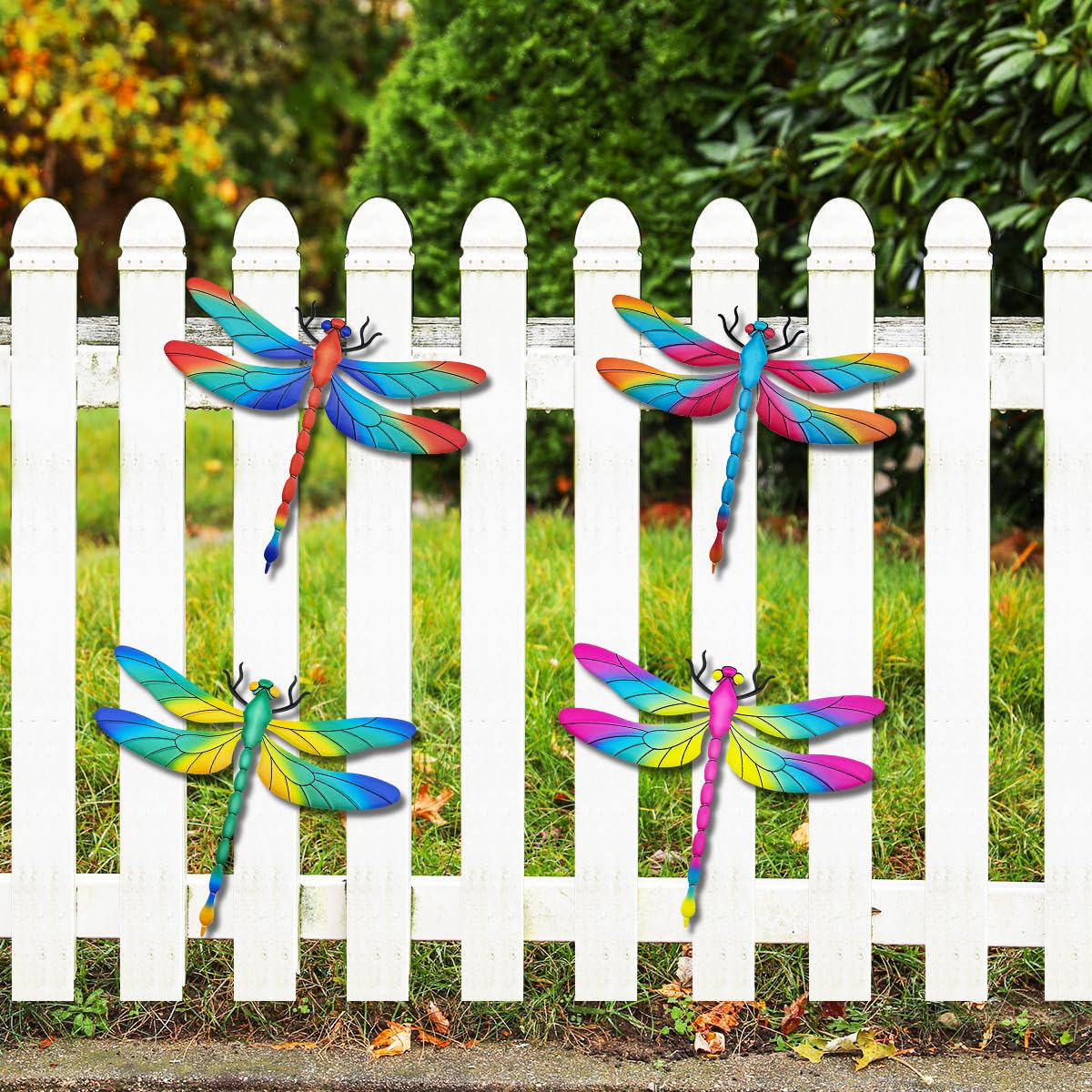 Metal Dragonfly Wall Decor, 4 Pack 13 inch Metal Dragonflies Wall Art Hanging Sculpture Decorations for Outdoor, Yard Patio Fence Garden Outside Decor
