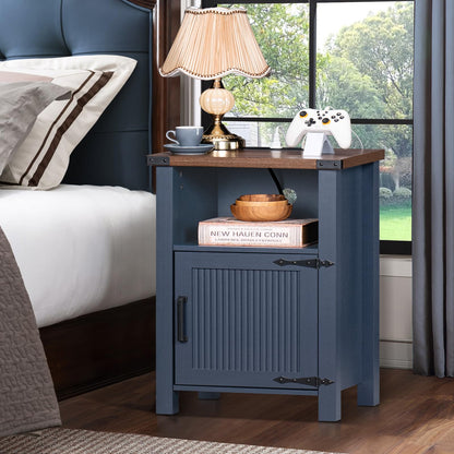 Joaxswe Night Stand with Charging Station and USB Port, 18 Inch Farmhouse Nightstand with Storage Shelf, Rustic Couch End Table with Magnetic Door, Wood Bed Side Tables for Bedroom, Home, Nayv Blue