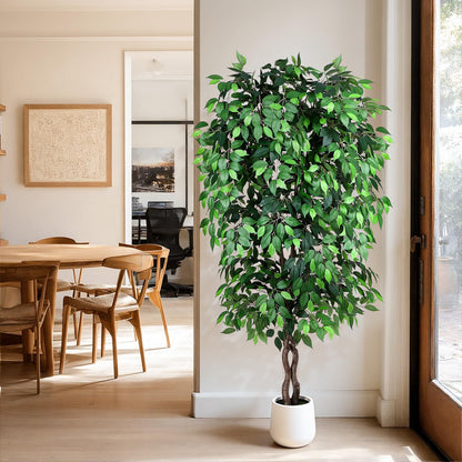 Jocoevol 7FT Artificial Ficus Tree, Tall Faux Trees Indoor with White Planter, Dried Moss, Natural Silk Leaves & Trunk, Fake Plants for Home Living Room Office Corner Decor Housewarming Gift