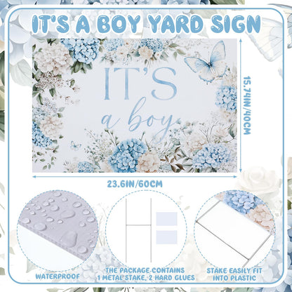 It's a Boy Yard Sign with Stake Blue Floral Baby Shower Lawn Sign 16 x 24 Inch Baby in Bloom Gender Reveal Yard Decoration Waterproof Outdoor Welcome Boy Announcement Decor for Front Lawn Garden