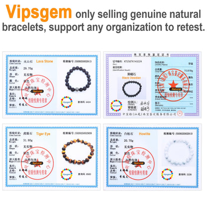 Vipsgem Tiger Eye Bracelet Genuine Natural Mens Bracelet For Men Unisex 8mm 10mm 12mm Medium Large Sizes Premium Black Obsidian Gift Waterproof Jewelry Set