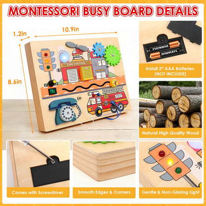 Wdmiya Montessori Busy Board for Toddlers 2-4, Fire Truck Activity Board with LED Lights & Sounds, Wooden Sensory Learning Toy with Rotary Phone, Helicopter & Gears, for 2 3 4 Year Old Boys Girls Gift