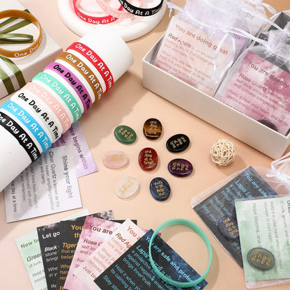 Soulchen 16 Sets Thumb Worry Stones for Anxiety Stress Relief Items Chakra Stones One Day at a Time Bracelet Meditation Reiki Spiritual Gift for Women Men Cancer Addiction Recovery Sobriety