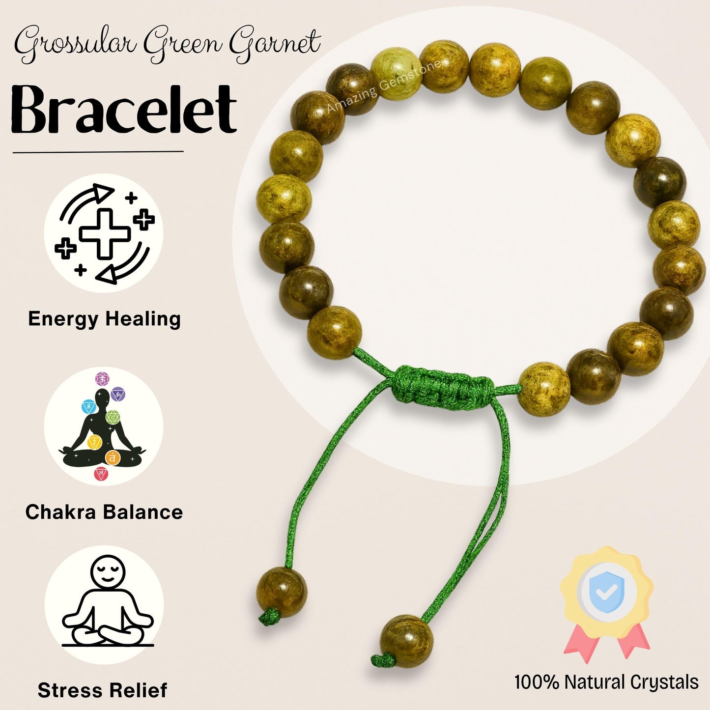 Amazing Gemstone Grossular Garnet Green Bracelet, Gifts For Men & Women - Protection Healing Crystal Bracelet - 8mm Gemstone Beaded Adjustable Bracelet, Pulseras Para Hombres Mujer Stocking Stuffers