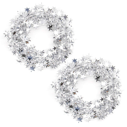 AUEAR, 2 Rolls 50 Ft Silver Sparkly Star Tinsel Garlands with Wire Christmas Decorations for Xmas Tree Home Wedding Birthday Party Festive Ornament