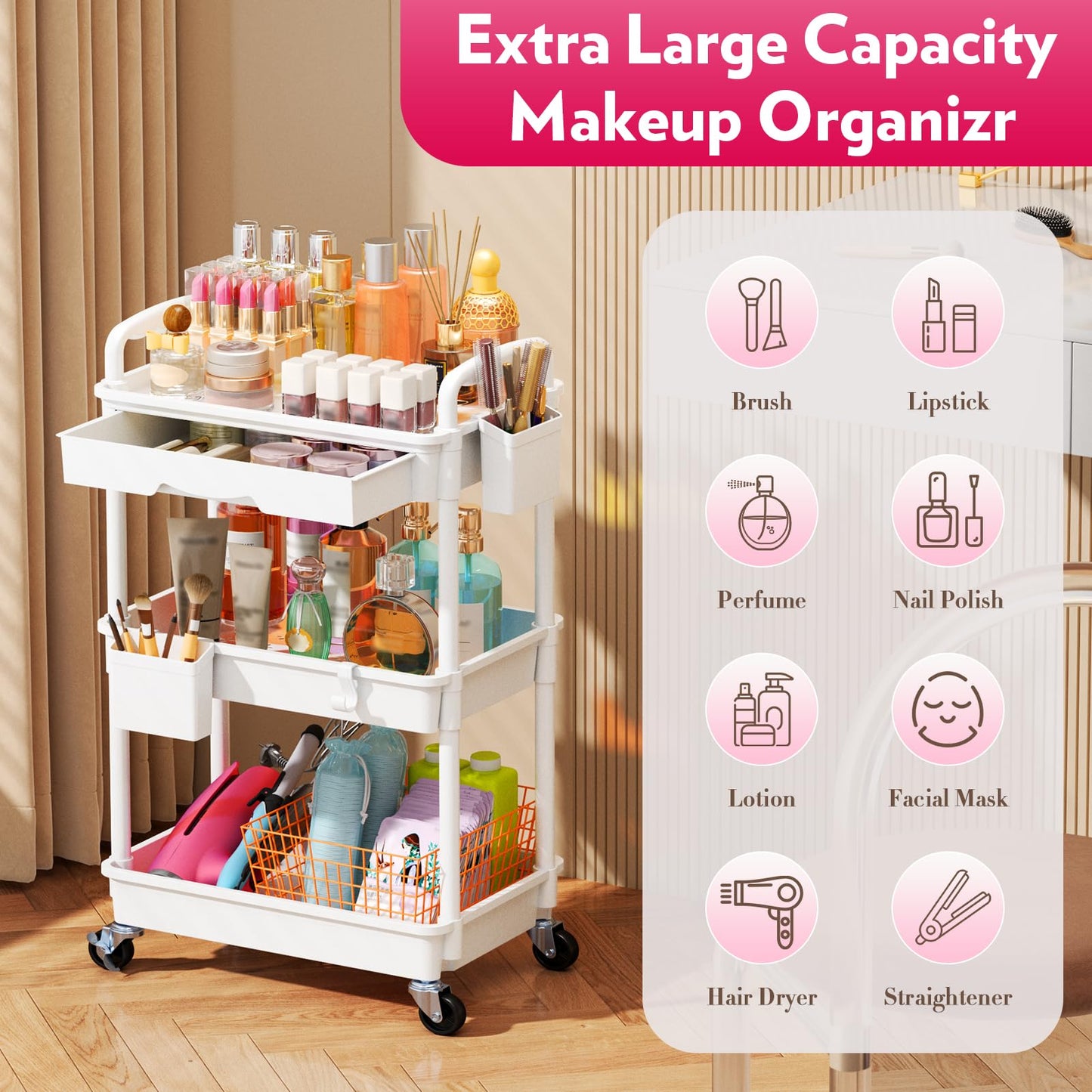 SUNALLY Makeup Cart Organizer with Drawers, Floor Skincare Organizers Vanity Storage Organizer, Rolling Makeup Bathroom Storage Cart Cosmetics Display Cases for Skin Care Perfume Nail Polish, White